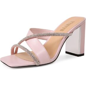 Women's Sandals Rhinestone Chunky High Heels Square Open Toe Heels Summer Wedding Party Dress Shoes