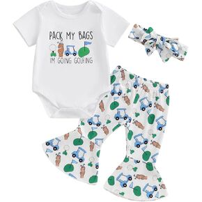 Newborn Baby Girl Golf Outfit Baby Golf Clubs Short Sleeve Romper Golf Cart Flare Pants Set 3Pcs Infant Summer Clothes