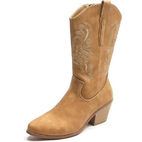 Cowboy Boots Knee High with Side Zipper Wide Calf Cowgirl Boots Embroidered Pointed Toe Chunky Heel Fashion Retro Classic Pull On Tall Boot for Girls Ladies Fall Winter