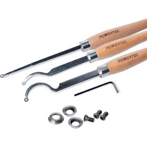 POWERTEC 3 Pcs Carbide Lathe Tools with 3 Pcs Tungsten Carbide Cutter Insert Set | Straight, Shallow Swan Neck & Deep Swan Neck for Deep Hollowing Work, Wood Lathe Tools with Replaceable Blade (71997)