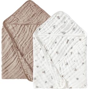 JELLYMONI Muslin Baby Hooded Bath Towels for Newborn, 2 Pack 100% Cotton Baby Bath Towel with Hood for Baby, Infant, Toddler and Kids, Large 32 x 32 Inch Baby Bath Towels Soft and Absorbent