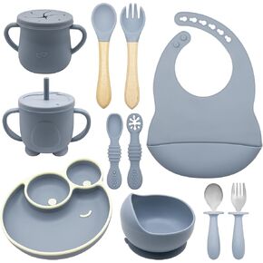 Silicone Baby Feeding Set 11pcs,Baby Led Weaning Supplies,Suction Bowl Divided Plate, Toddler Cup,Baby Spoons Forks with Baby Snack Container-6+ Months (grey)