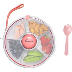 Toddler Snack Container Bundle with Spork Included - 5 Compartment Snack Spinner with Lid, Snack Tray for Kids, Baby Snackle Box, Travel Snack Organizer (Pink)