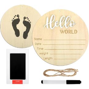 Baby Announcement Sign Set, 5.8 Inch Baby Name Sign Double Sided Welcome Baby Sign with Ink Pad for Baby Hand and Footprints Wooden Hello World Newborn Sign for Photo Prop