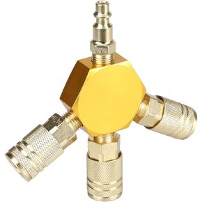 YOTOO 3-Way Air Manifold, Air Hose Splitter with 3 Steel Industrial Quick Connect Couplers and 1/4" NPT Male Industrial Air Plug for connecting air compressor, air hoses and air tools, Gold