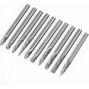 10Pcs Tungsten Carbide Rotary Burr Die Grinder Bits Set Double Cut 1/8" Shank Rotary Tool Grinding Head Diameter 3mm For Woodworking Drilling DIY Engraving Metal Polishing