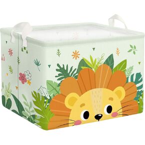 Clastyle 36L Large Jungle Lion Animal Green Shelf Basket with Handle Collapsible Rectangle Monkey Bird Toy Clothes Cube Storage Basket for Nursery