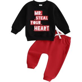 Toddler Baby Boy Valentines Outfit Long Sleeve Steal Your Heart Shirt with Pants 2Pcs Kids Baby Boy Red Outfits