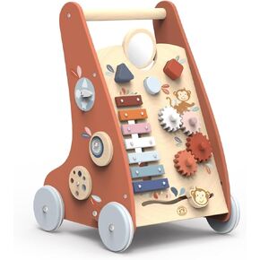 SPEEDY MONKEY Multi-Activity Wooden Baby Walker | 9-in-1 Toddler Toy Includes Shape Sorter, Bead Maze, Xylophone, Blocks & More | Learning Toy for Fine Motor Skill, Early Development & Balance