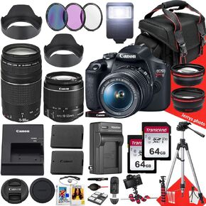 Canon EOS Rebel T7/2000d DSLR كاميرا مع Canon EF-S 18-55mm f/3.5-5.6 IS II و EF 75-300MM F/4-5.6 III Lens + 128 GB Memory + Extra Battery + Tripod + More (33pc Bundle) (متجدد)