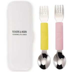 Rowers&Moon Stainless Steel Fork and Spoon Set for Toddlers and Babies, Children's Utensils, BPA-free Silicone Handle, Dishwasher Safe, 2 in 1 Self-Feeding, Travel-Friendly, Portable