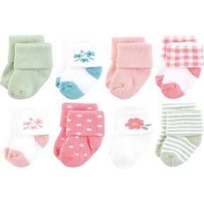 Hudson Baby Baby Infant Girl Cotton Rich Newborn and Terry Socks, Coral Pretty Floral, 0-6 Months, Pink