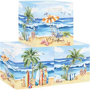 Clastyle Beach Towel Kid Storage Basket Set Seaside Vacation Palm Tree Foldable Closet Clothes Organizer Decorative Nursery Toddler Toy Bin Women Girl Book Shelf Basket