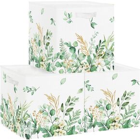 Clastyle Green Leaves Kid Storage Basket Set Spring Flower Plants Foldable Closet Clothes Organizer Decorative Nursery Toddler Toy Bin Women Girl Book Shelf Basket, 11.8x11.8x11.8 in