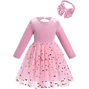 IBTOM CASTLE Toddlers Girls Velvet Dress Floral Embroidery Tulle Dress with Bowknot Headband Fall Winter