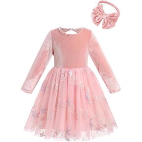 IBTOM CASTLE Toddlers Girls Velvet Dress Floral Embroidery Tulle Dress with Bowknot Headband Fall Winter