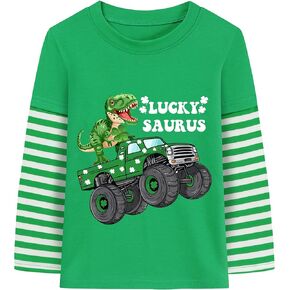 Ddsol Boy Toddler St Patricks Day Shirt Dinosaur Monster Truck Truck Long Sleeve T-Shirt Lucky Shamrock Clover Tee Top Complements
