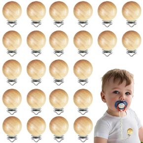 24 Pcs Wood Pacifier Clips Suspender Clips Natural Beech Wood Pacifier Clip Holder Teething Grasping Toy for Baby Toddler Charm DIY Pacifier Clips Chain Accessory
