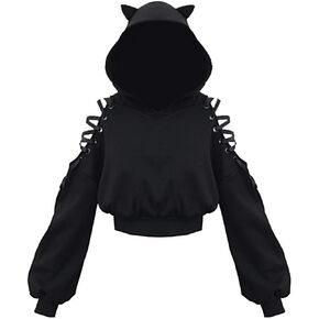 babyhealthy Women's Cat Ear Hoodie Pullover Long Sleeve Off Shoulder Cute Crop Top Hoodies Sweatshirt in Kuwait
