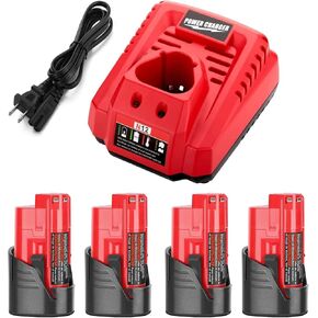 Powilling 4Pack 3000mAh Replacement Lithium 12V Milwaukee M12 Battery + M12 Rapid Charger for Milwaukee M12 Battery Charger