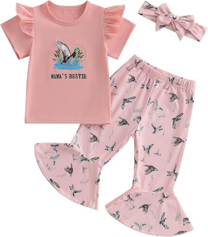 Baby Girl Hunting Outfit Mamas Girl Summer Clothes Embroidery T-shirt Mallard Duck Flare Pants Cute Bell Bottoms Set in Kuwait