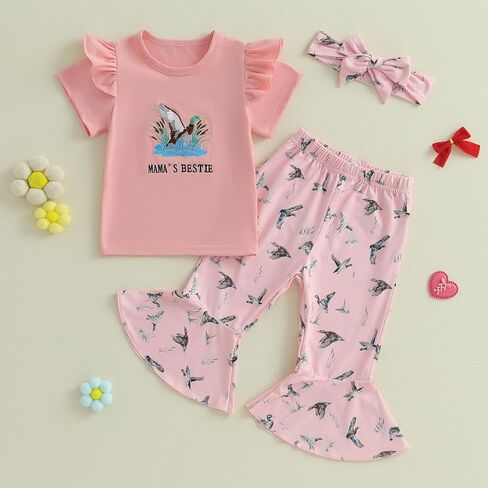 Baby Girl Hunting Outfit Mamas Girl Summer Clothes Embroidery T-shirt Mallard Duck Flare Pants Cute Bell Bottoms Set in Kuwait