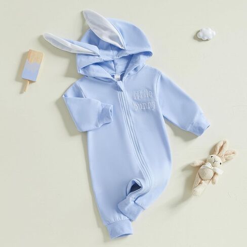 BemeyourBBs Newborn Baby Boy Girl Easter Outfit Bunny Ear Hoodie Romper Long Sleeve Jumpsuit Infant Spring Clothes in Kuwait