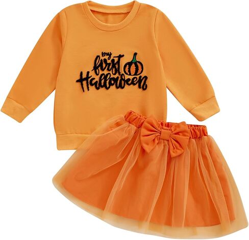 Toddler Girls Halloween Outfits Long Sleeve Pumpkin Sweatshirt Tulle Skirt Dress Kids Girls Christmas Clothes in Kuwait