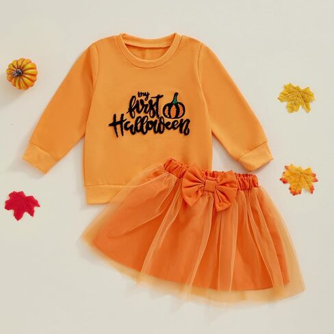 Toddler Girls Halloween Outfits Long Sleeve Pumpkin Sweatshirt Tulle Skirt Dress Kids Girls Christmas Clothes in Kuwait