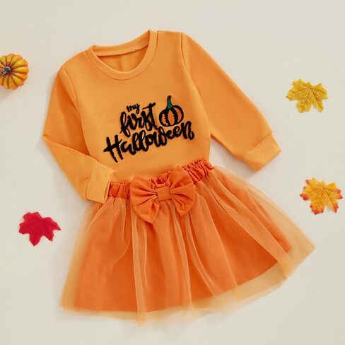 Toddler Girls Halloween Outfits Long Sleeve Pumpkin Sweatshirt Tulle Skirt Dress Kids Girls Christmas Clothes in Kuwait