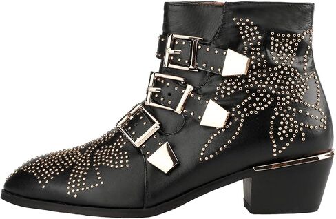 Arqa Women's Studded Ankle Boots Leather Multiple Buckle Chunky Heel Booties Almond Toe Zipper Punk Boot in Kuwait
