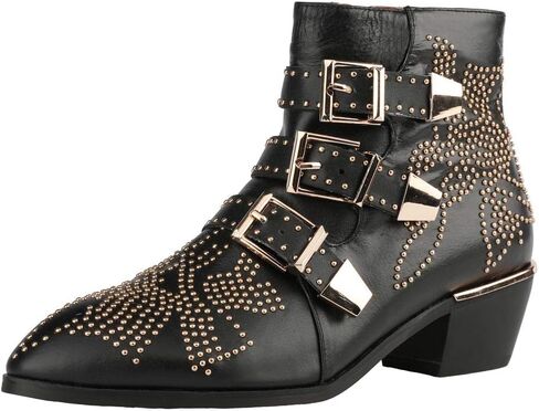 Arqa Women's Studded Ankle Boots Leather Multiple Buckle Chunky Heel Booties Almond Toe Zipper Punk Boot in Kuwait