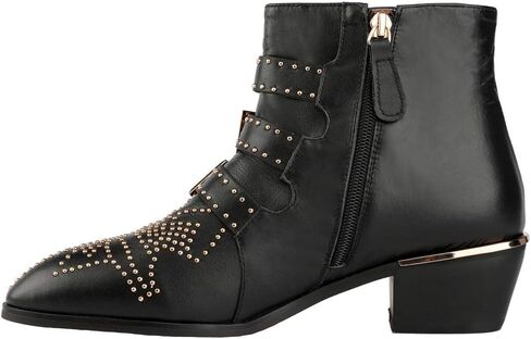 Arqa Women's Studded Ankle Boots Leather Multiple Buckle Chunky Heel Booties Almond Toe Zipper Punk Boot in Kuwait