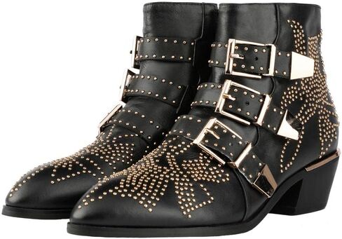 Arqa Women's Studded Ankle Boots Leather Multiple Buckle Chunky Heel Booties Almond Toe Zipper Punk Boot in Kuwait