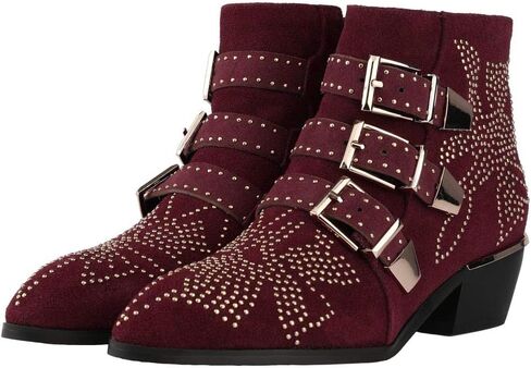 Arqa Women's Studded Ankle Boots Leather Multiple Buckle Chunky Heel Booties Almond Toe Zipper Punk Boot in Kuwait