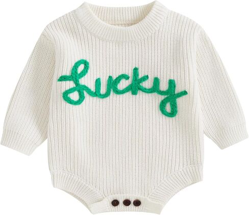Baby Boy Girl St Patricks Day Outfit Lucky Embroidery Sweater Bubble Romper Long Sleeve Knit Bodysuit Outfits in Kuwait