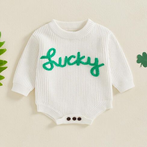 Baby Boy Girl St Patricks Day Outfit Lucky Embroidery Sweater Bubble Romper Long Sleeve Knit Bodysuit Outfits in Kuwait