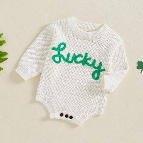 Baby Boy Girl St Patricks Day Outfit Lucky Embroidery Sweater Bubble Romper Long Sleeve Knit Bodysuit Outfits in Kuwait