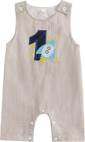 Baby Boy Birthday Outfit Sleeveless 1st Embroidery Birthday Romper Jumpsuit Cute One Piece Cake Smash Outfits in Kuwait