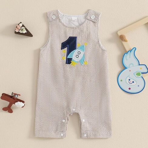 Baby Boy Birthday Outfit Sleeveless 1st Embroidery Birthday Romper Jumpsuit Cute One Piece Cake Smash Outfits in Kuwait