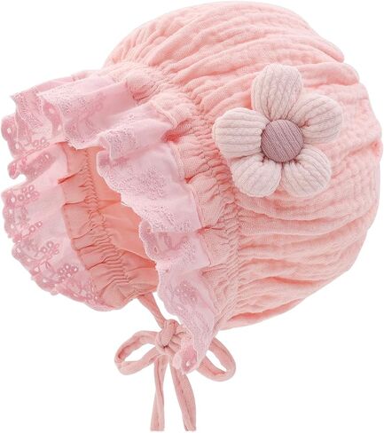Baby Girls Bonnet Ultra Soft Breathable Lovely Bonnet Cap with 3D Flowers Adjustable Hats 0-12 Months in Kuwait