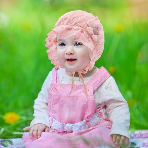 Baby Girls Bonnet Ultra Soft Breathable Lovely Bonnet Cap with 3D Flowers Adjustable Hats 0-12 Months in Kuwait