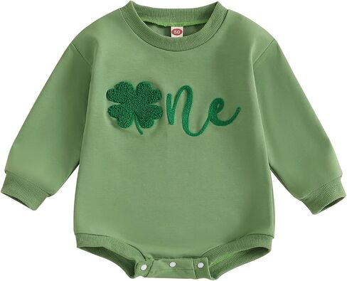Baby Boy Girl 1st Birthday Outfit St Patricks Day Clover One Embroidery Oversized Sweatshirt Bubble Romper Bodysuit in Kuwait