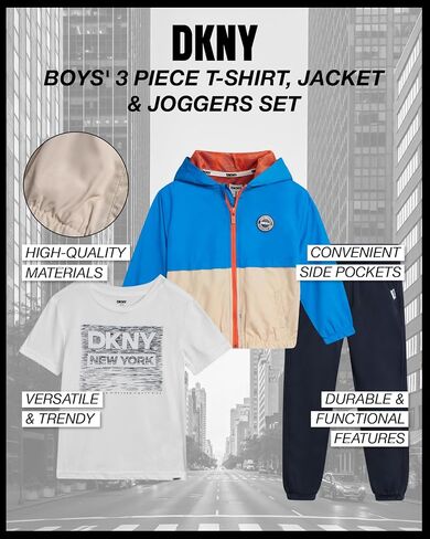 DKNY Baby Boy's Active Sweatsuit Set - T-Shirt, Zip Up Windbreaker Jacket with Hood, and Jogger Playwear Set (Sizes: 12M-7) in Saudi Arabia