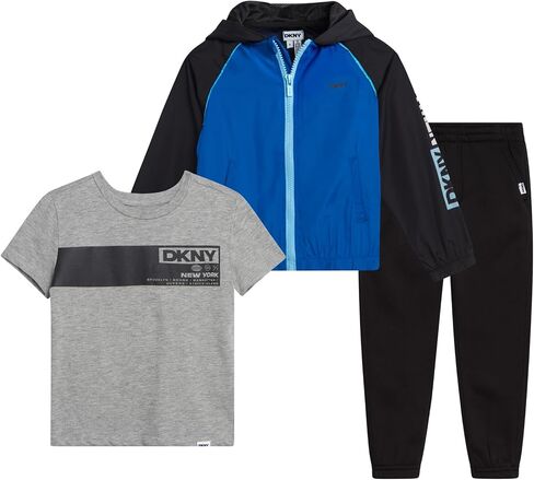 DKNY Baby Boy's Active Sweatsuit Set - T-Shirt, Zip Up Windbreaker Jacket with Hood, and Jogger Playwear Set (Sizes: 12M-7) in Saudi Arabia