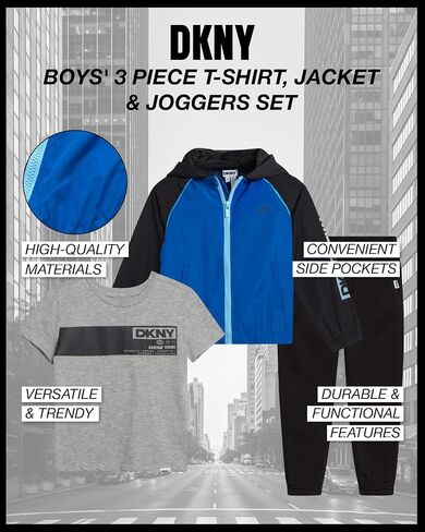 DKNY Baby Boy's Active Sweatsuit Set - T-Shirt, Zip Up Windbreaker Jacket with Hood, and Jogger Playwear Set (Sizes: 12M-7) in Saudi Arabia