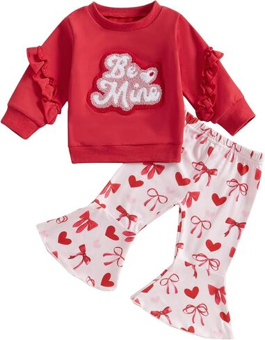 Rtnnsbbfcm Toddler Baby Girl Valentine's Day Outfit Long Sleeve Heart Letter Embroidery Sweatshirt Top Bell Bottoms 2Pcs Set in Saudi Arabia