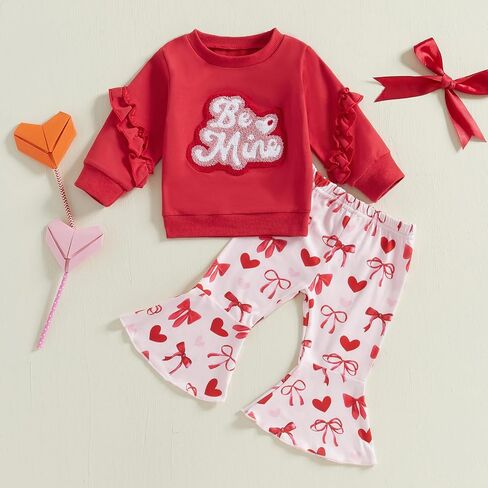 Rtnnsbbfcm Toddler Baby Girl Valentine's Day Outfit Long Sleeve Heart Letter Embroidery Sweatshirt Top Bell Bottoms 2Pcs Set in Saudi Arabia