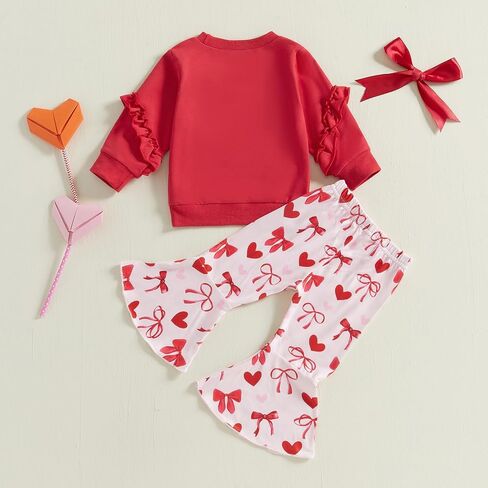 Rtnnsbbfcm Toddler Baby Girl Valentine's Day Outfit Long Sleeve Heart Letter Embroidery Sweatshirt Top Bell Bottoms 2Pcs Set in Saudi Arabia