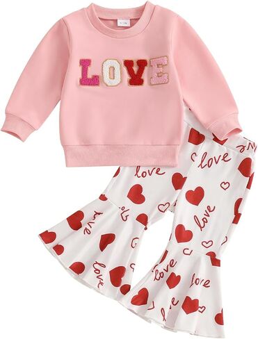 Rtnnsbbfcm Toddler Baby Girl Valentine's Day Outfit Long Sleeve Heart Letter Embroidery Sweatshirt Top Bell Bottoms 2Pcs Set in Saudi Arabia